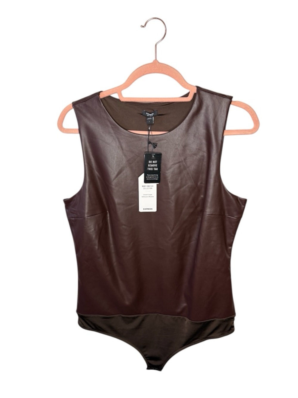 Express Faux Leather bodysuit Brown Sleeveless Body Contour Sculpting Top Sizw L